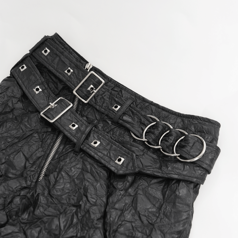 Gothic black crinkled leather kilt waist with multiple buckles, zipper, and unique textured design. Perfect for punk fashion!