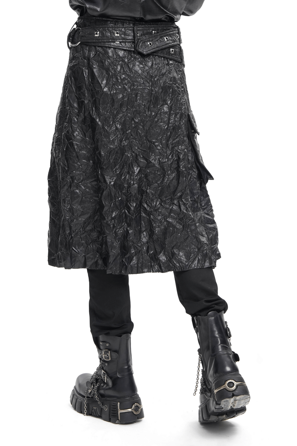 Gothic black crinkled leather kilt with buckles and zipper, showcasing punk rock style from the back.