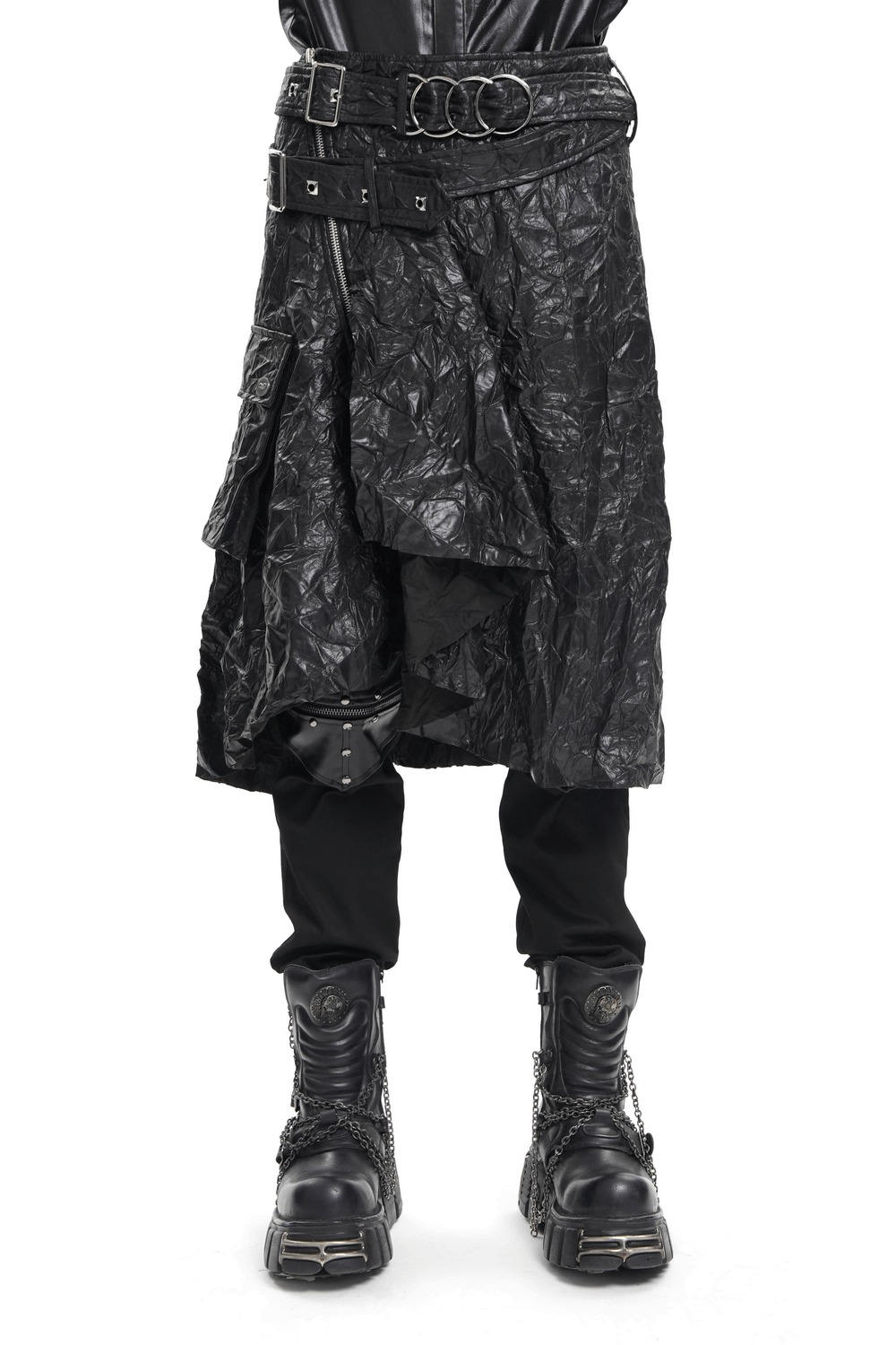 Gothic black crinkled leather kilt with buckles, asymmetrical hem, and edgy punk rock style, paired with chunky leather boots.