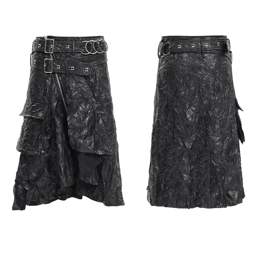 Gothic black crinkled leather kilt with buckles, zipper, and pockets for a punk rock edgy style.