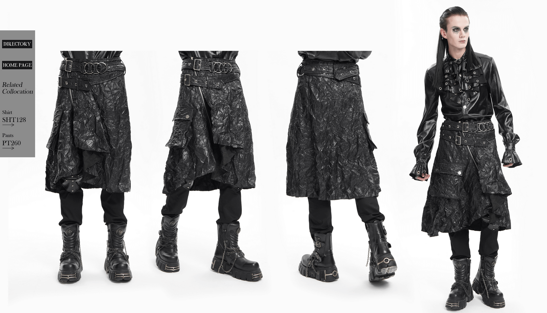 Gothic black crinkled leather kilt with buckles and zippers, styled for punk rock fashion, featuring functional pockets.