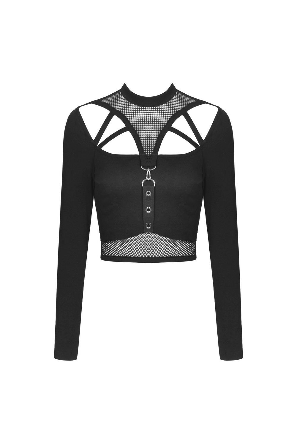 Gothic Black Crop Top with Mesh and Straps Detail