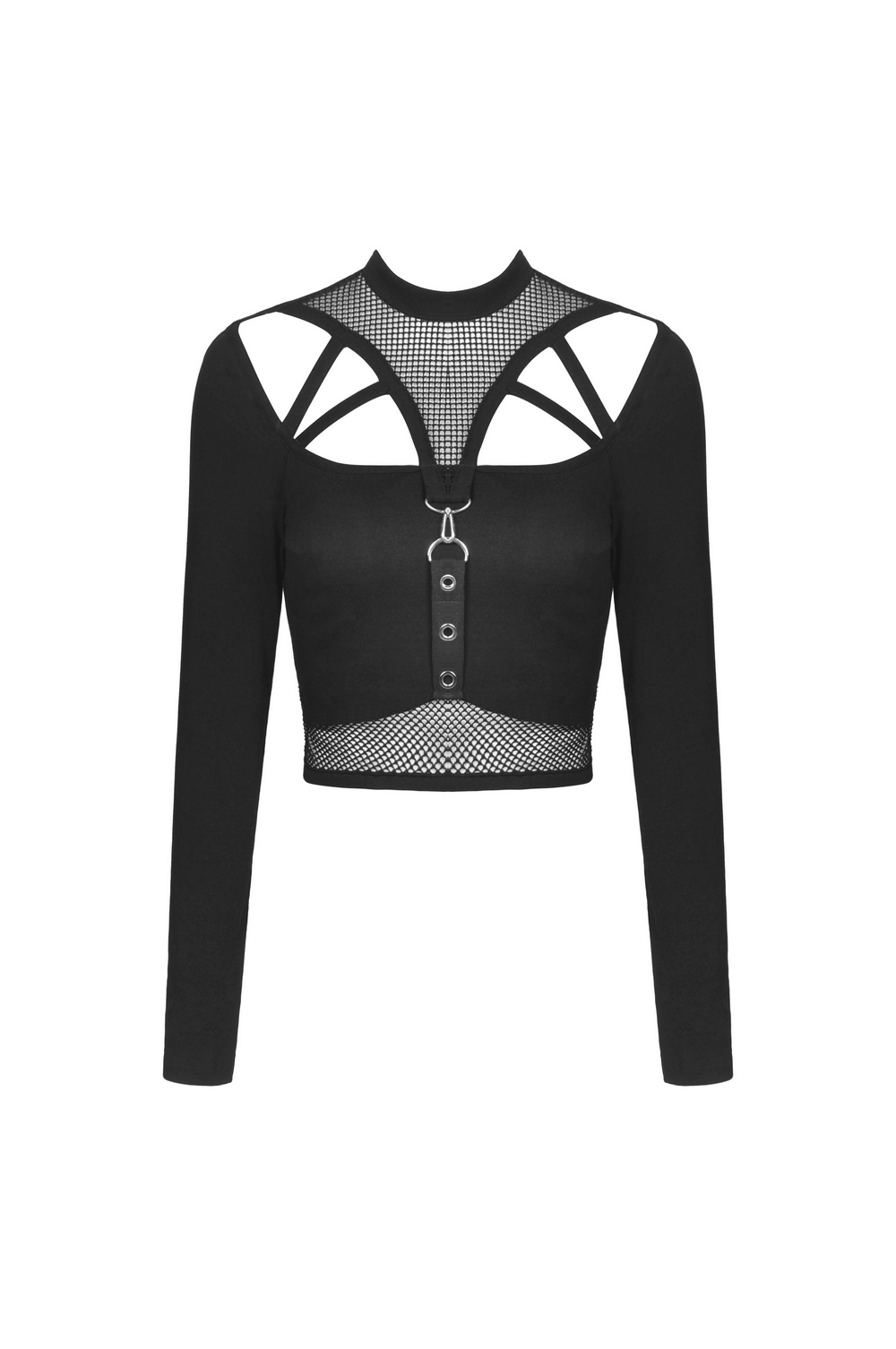Gothic black crop top with fishnet sleeves and strap detail, perfect for edgy style and bold statements.