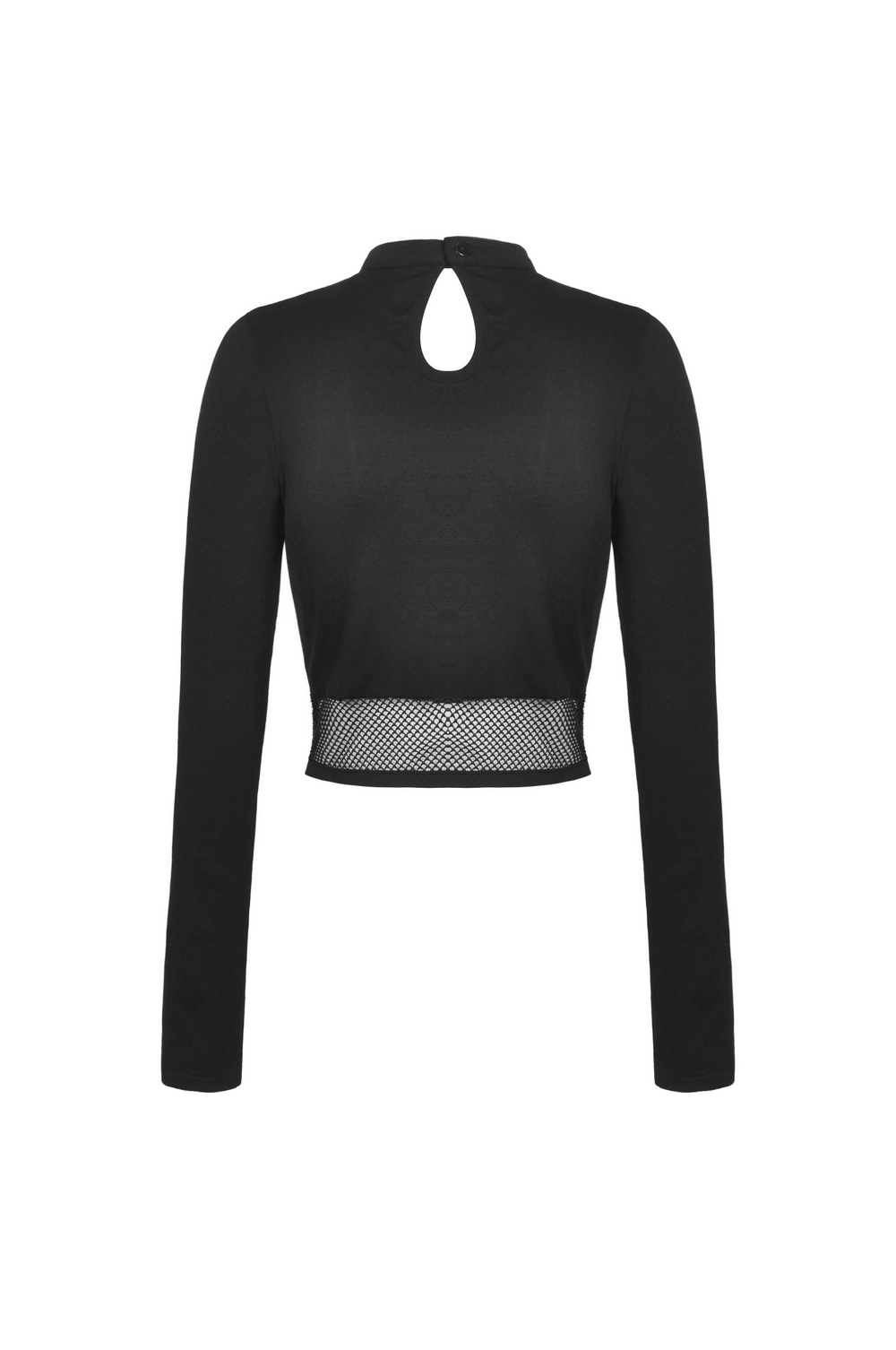 Gothic black crop top with mesh and straps detail, featuring fishnet sleeves and a keyhole back for edgy style.