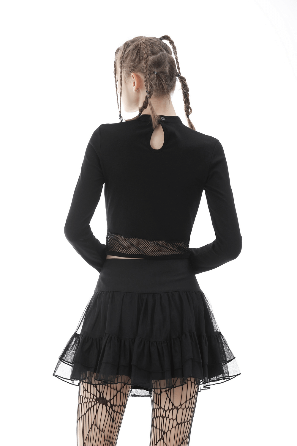 Gothic Black Crop Top with Mesh and Straps Detail