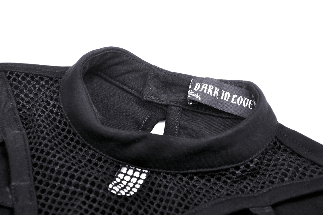 Close-up of a gothic black crop top collar with fishnet detailing and 'DARK IN LOVE' label, perfect for edgy fashion lovers.