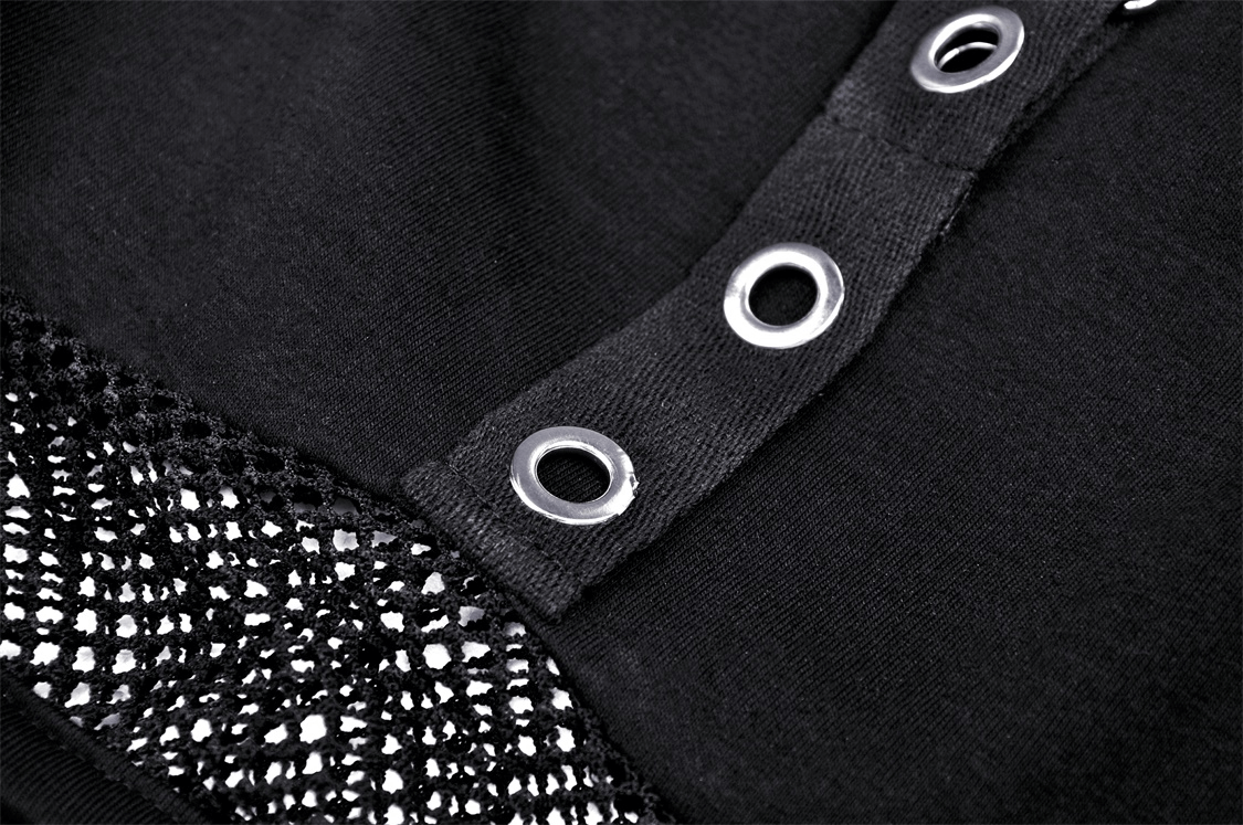 Close-up of Gothic black crop top showing mesh detail and metal eyelets for a rebellious fashion statement.