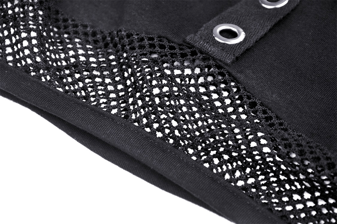 Close-up of gothic black crop top showing fishnet sleeve detail and metal grommets, perfect for edgy fashion lovers.
