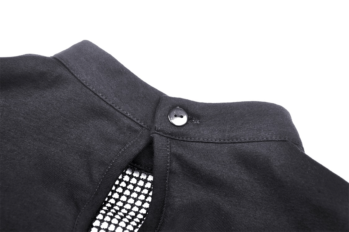 Close-up of the back button detail on a gothic black crop top with fishnet sleeve design.