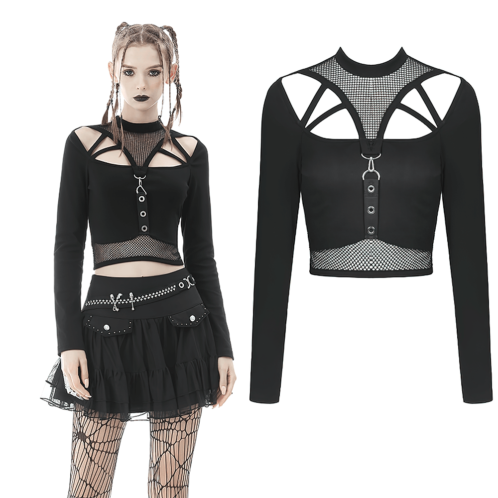 Gothic black crop top with fishnet sleeves and straps detail, perfect for edgy fashion lovers.