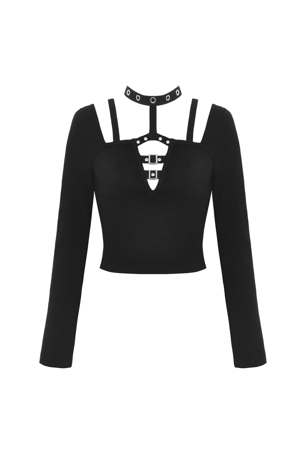 Gothic Black Crop Top with Metal Accents And Long Sleeves