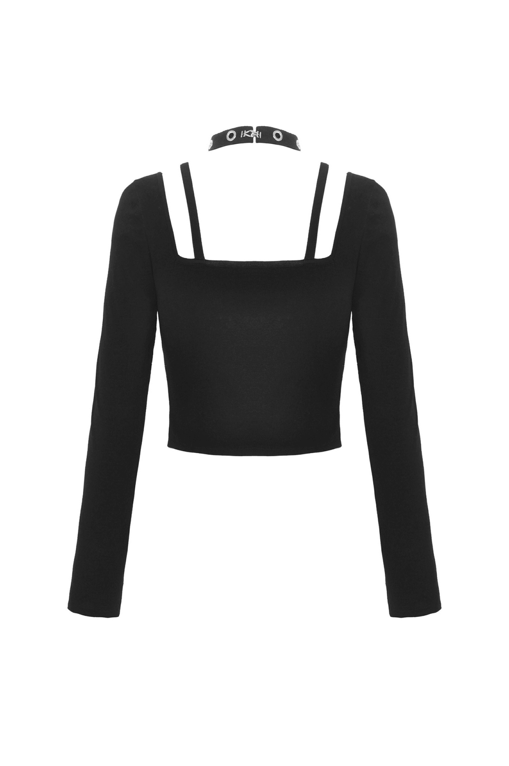 Gothic black crop top with long sleeves and harness detailing for an edgy dark fashion look.