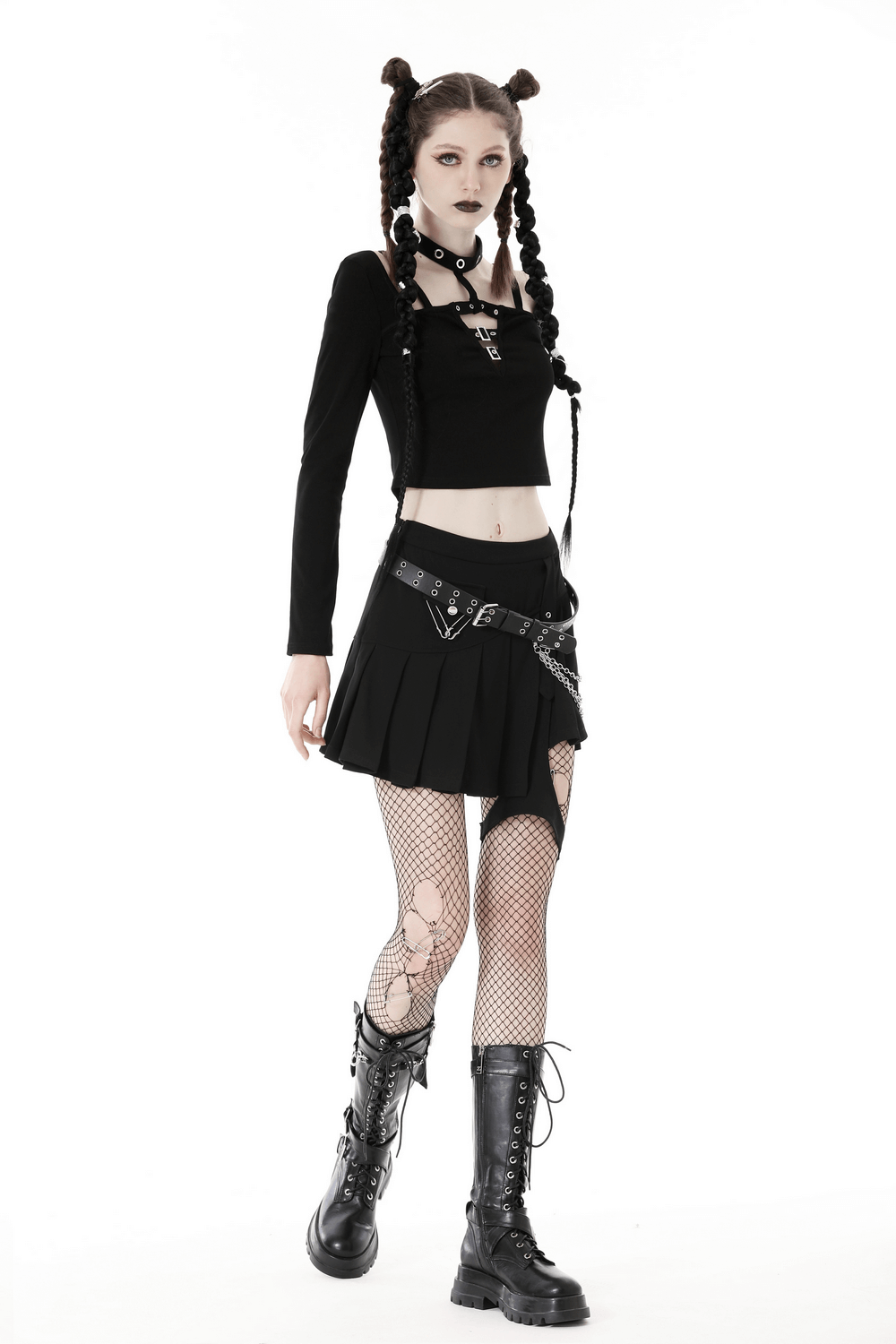 Gothic Black Crop Top with Metal Accents And Long Sleeves