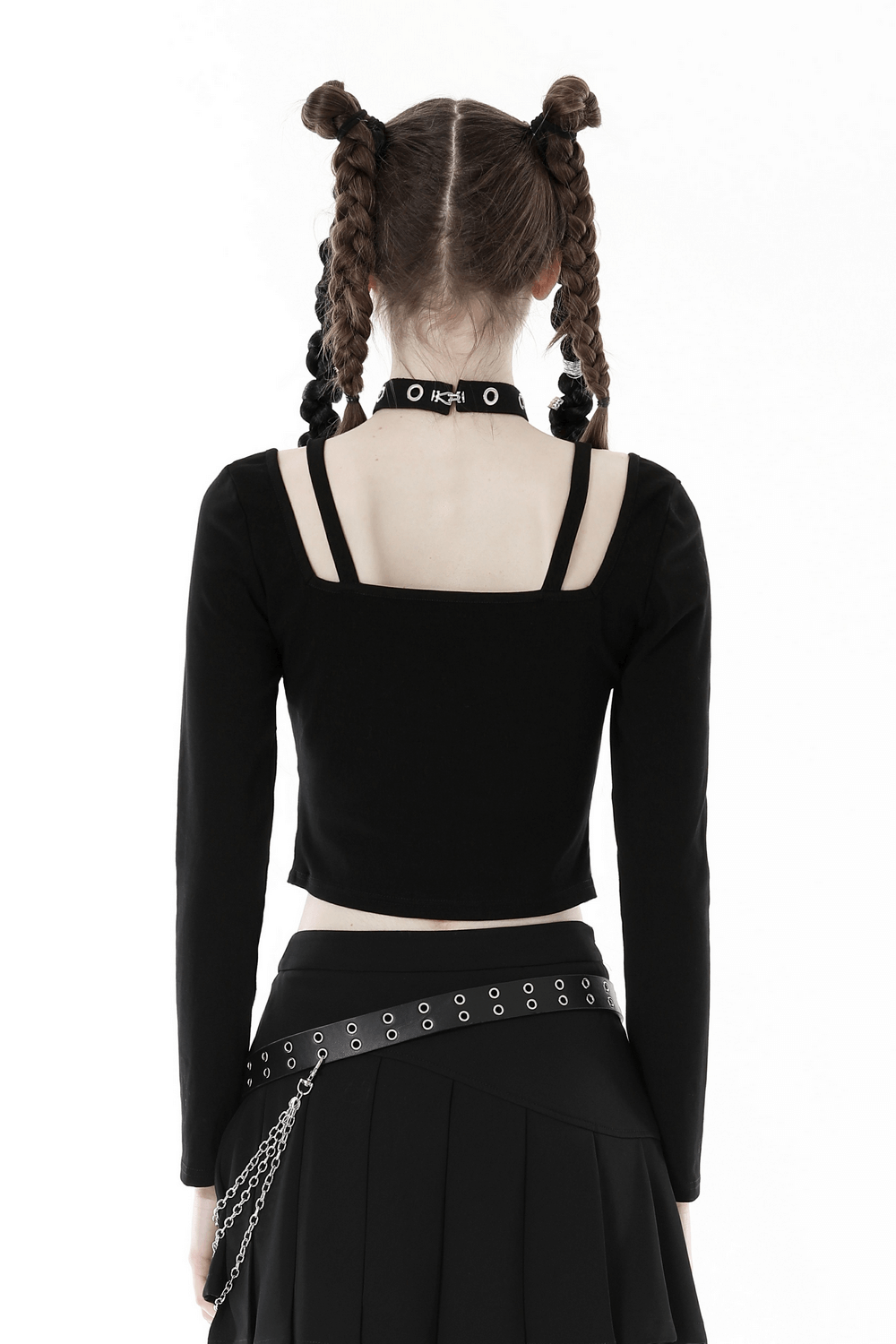 Gothic black crop top with harness straps and metal accents, perfect for edgy dark fashion lovers.