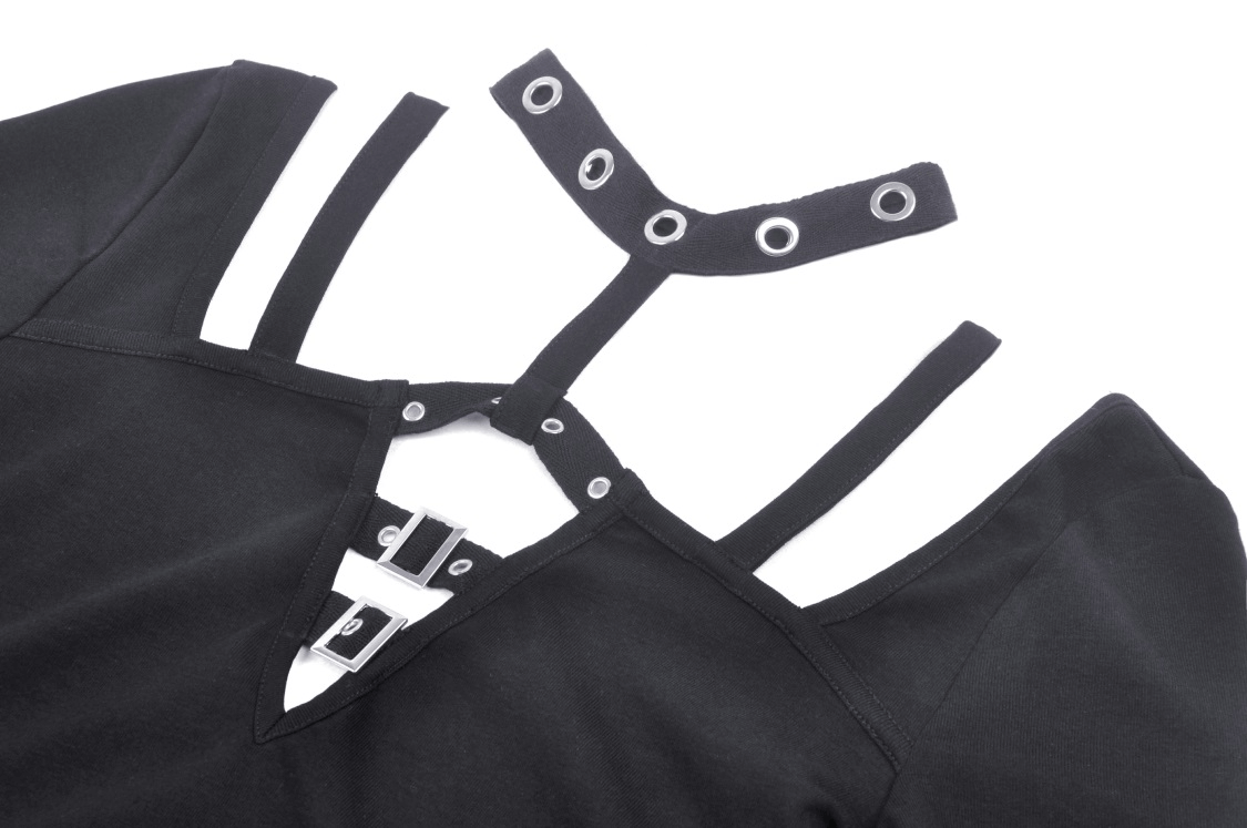 Gothic black crop top with metal accents and harness detailing, perfect for edgy dark fashion lovers.