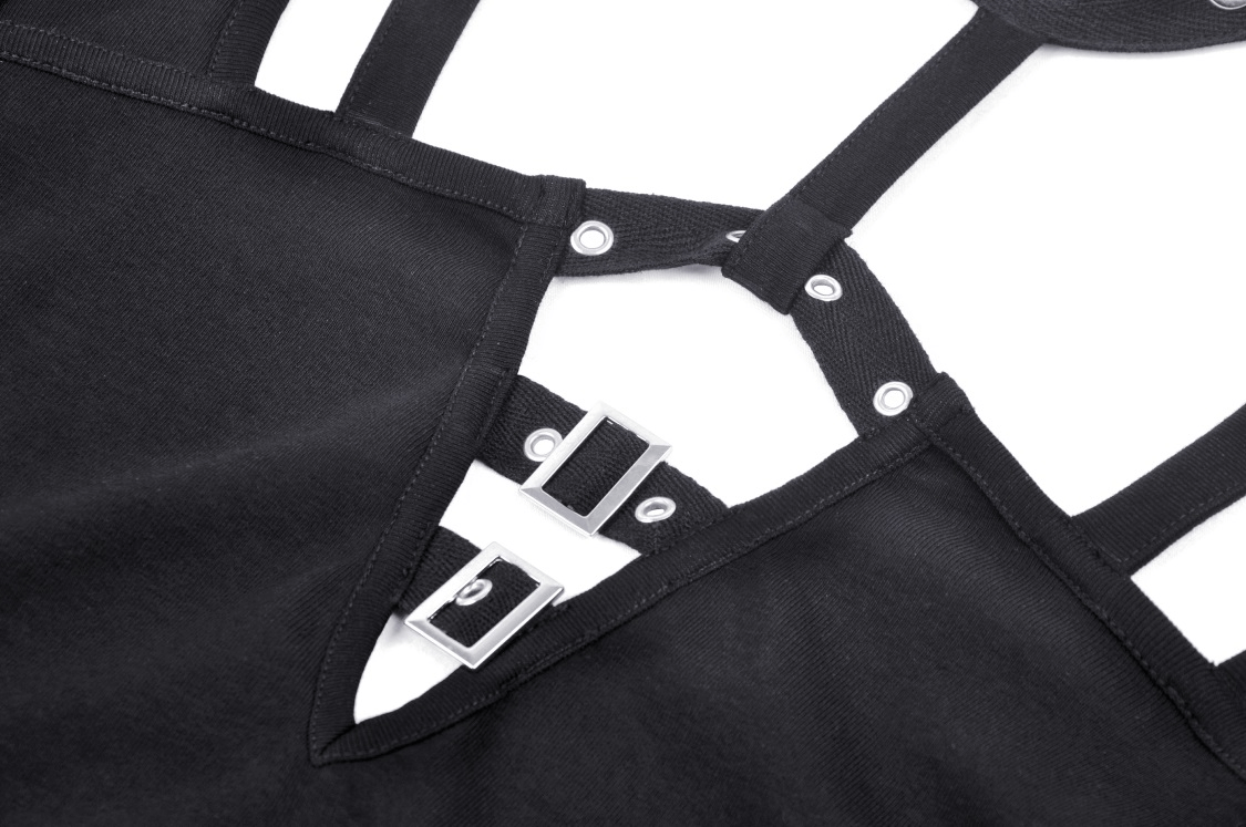 Close-up of gothic black crop top harness detailing with metal clasps and edgy design, perfect for dark fashion lovers.