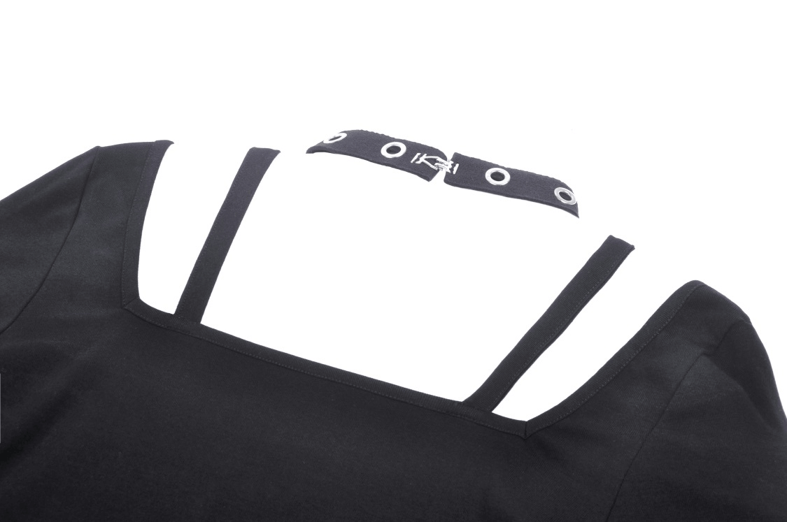 Gothic black crop top showing harness detailing and metal accents, perfect for edgy fashion lovers.