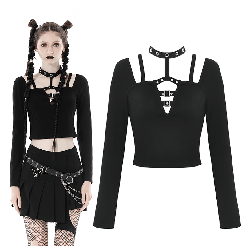 Gothic black crop top with metal accents and harness detailing, perfect for edgy dark fashion.