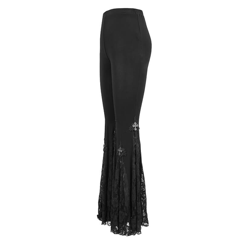 Gothic black cross lace bell-bottom leggings showcasing elegant flared design and stylish lace details for women.