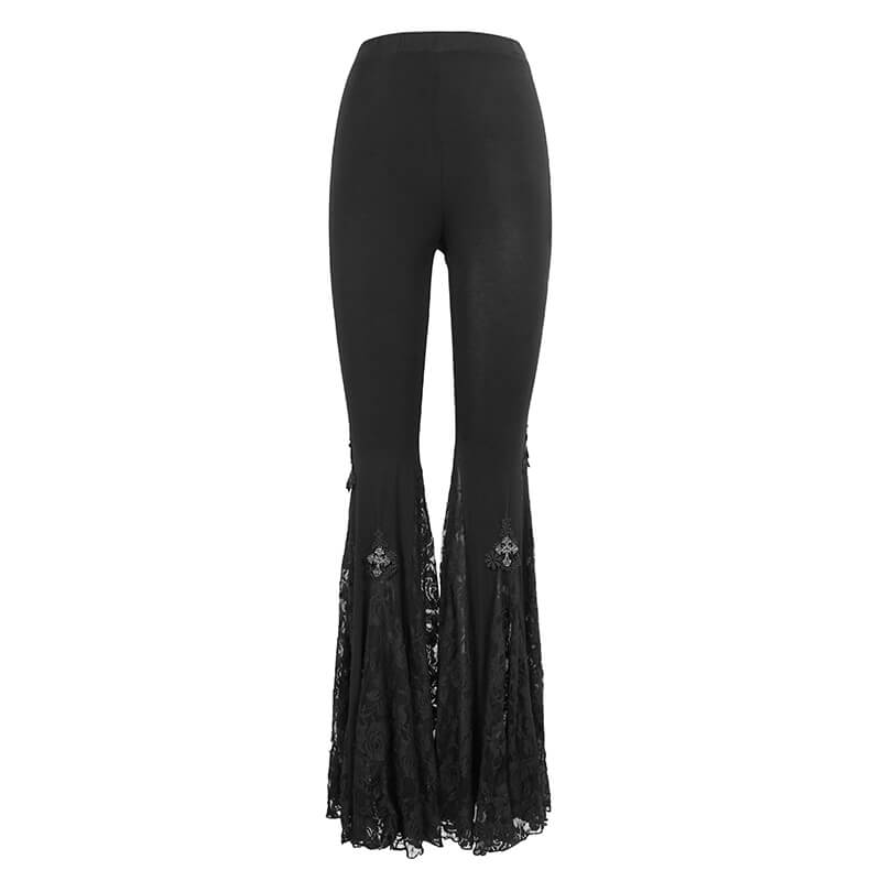 Gothic black lace bell-bottomed leggings with flared cut and elegant lace inserts for women.