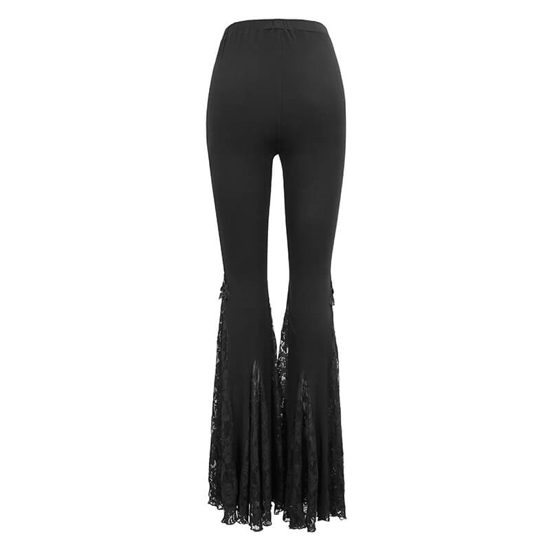 Back view of Gothic black lace bell-bottomed leggings for women, featuring a stylish flared cut and elegant lace inserts.