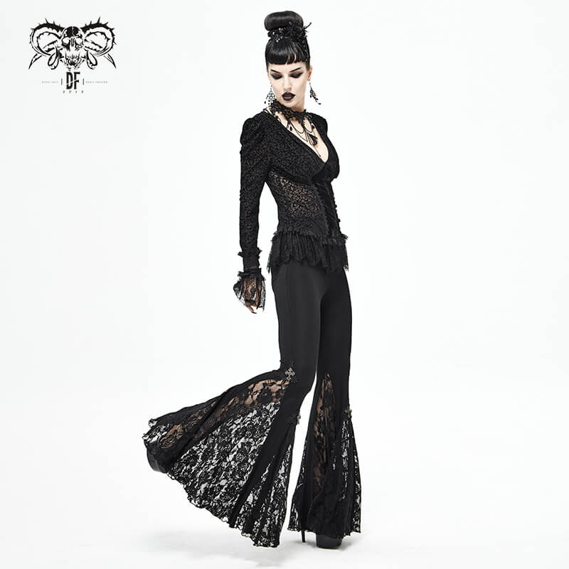 Gothic model in stylish black lace bell-bottomed leggings and elegant top, showcasing a dramatic flair and unique design.
