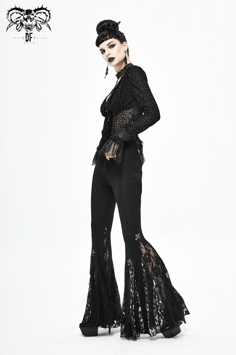 Stylish model in gothic black lace bell-bottomed leggings, showcasing elegant flare and intricate lace details.