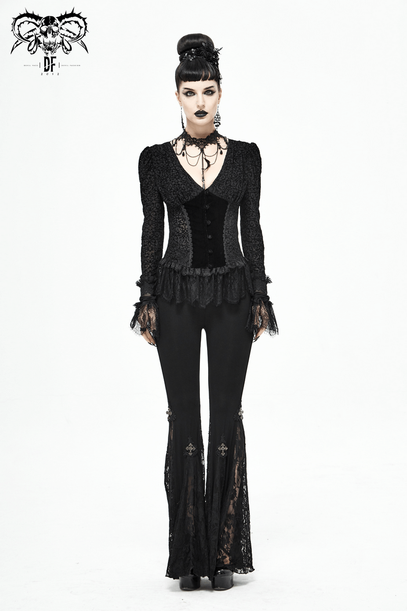 Model wearing gothic black lace bell-bottom leggings and a stylish top, showcasing an elegant and edgy fashion statement.