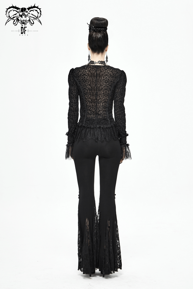 Elegant model showcasing gothic black lace bell-bottomed leggings, emphasizing the flared cut and stylish details.