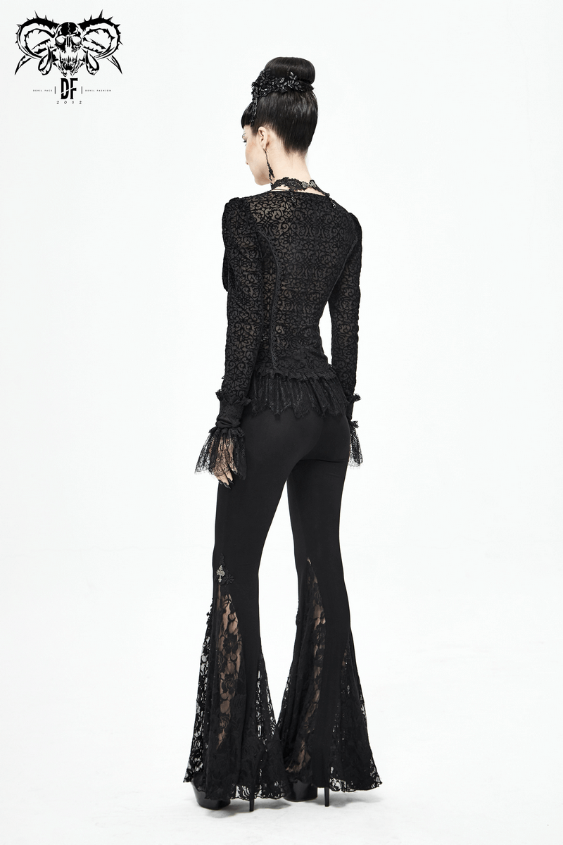 Gothic black lace bell-bottomed leggings on a stylish model, showcasing elegant flared design and lace inserts.
