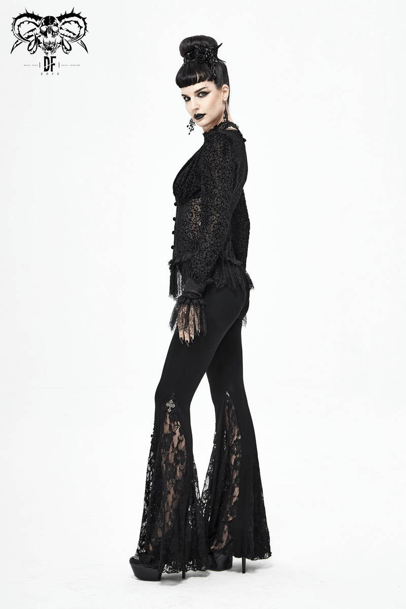 Stylish model showcasing gothic black lace bell-bottomed leggings with high waist flare, exuding elegance and grace.