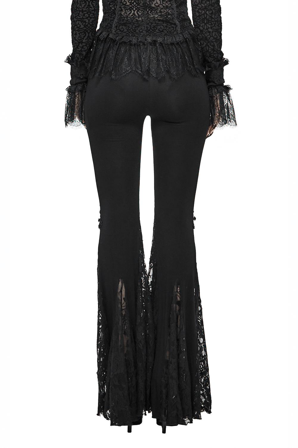 Back view of gothic black lace bell-bottomed leggings showcasing flared cut and elegant lace details.