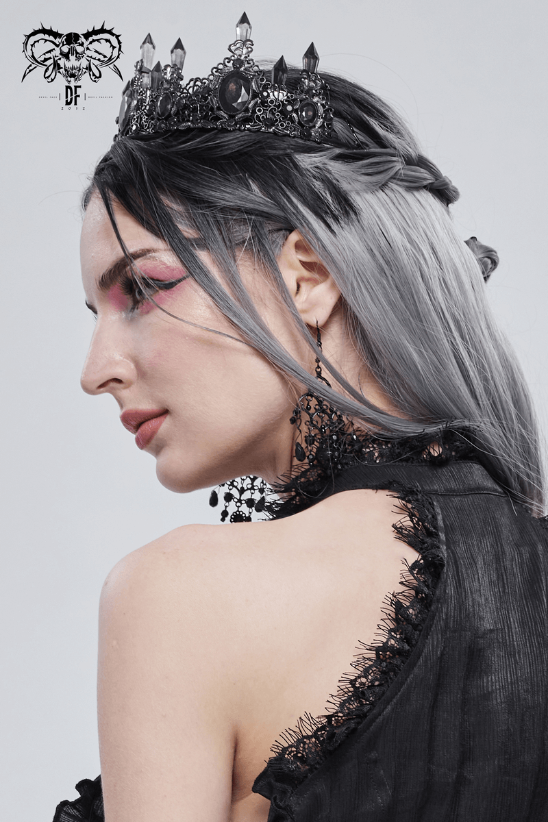 Gothic black crystal stone crown on model, showcasing intricate design and elegance for women's fashion.