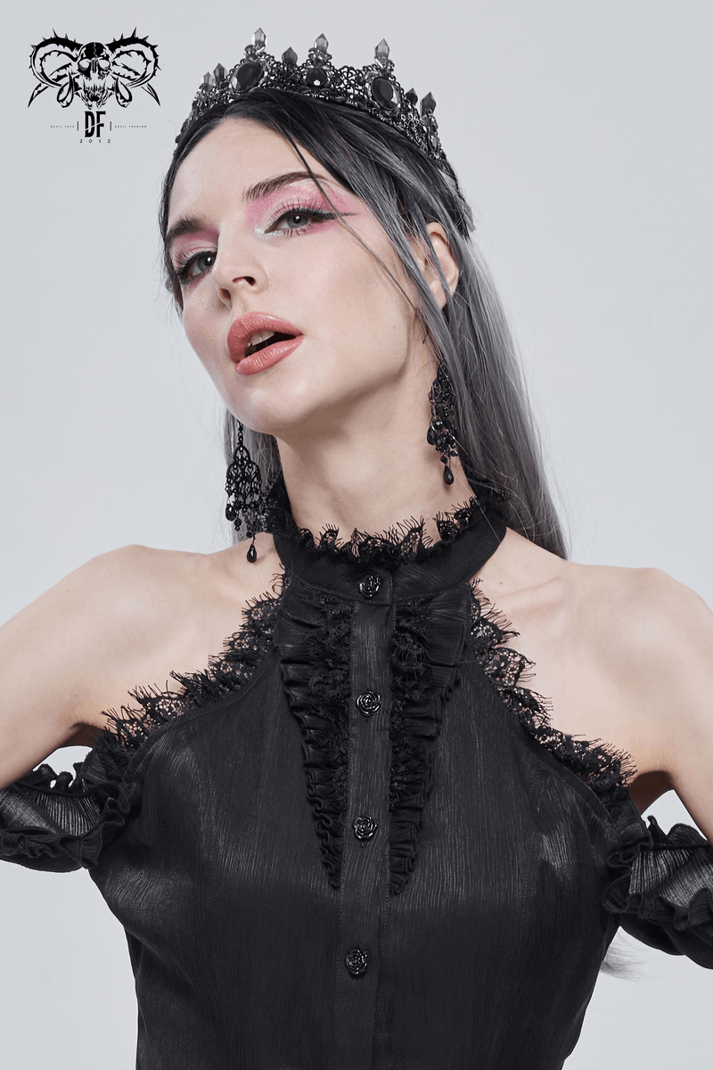 Elegant woman in gothic attire wearing a black crystal stone tiara, showcasing a retro style with striking features.