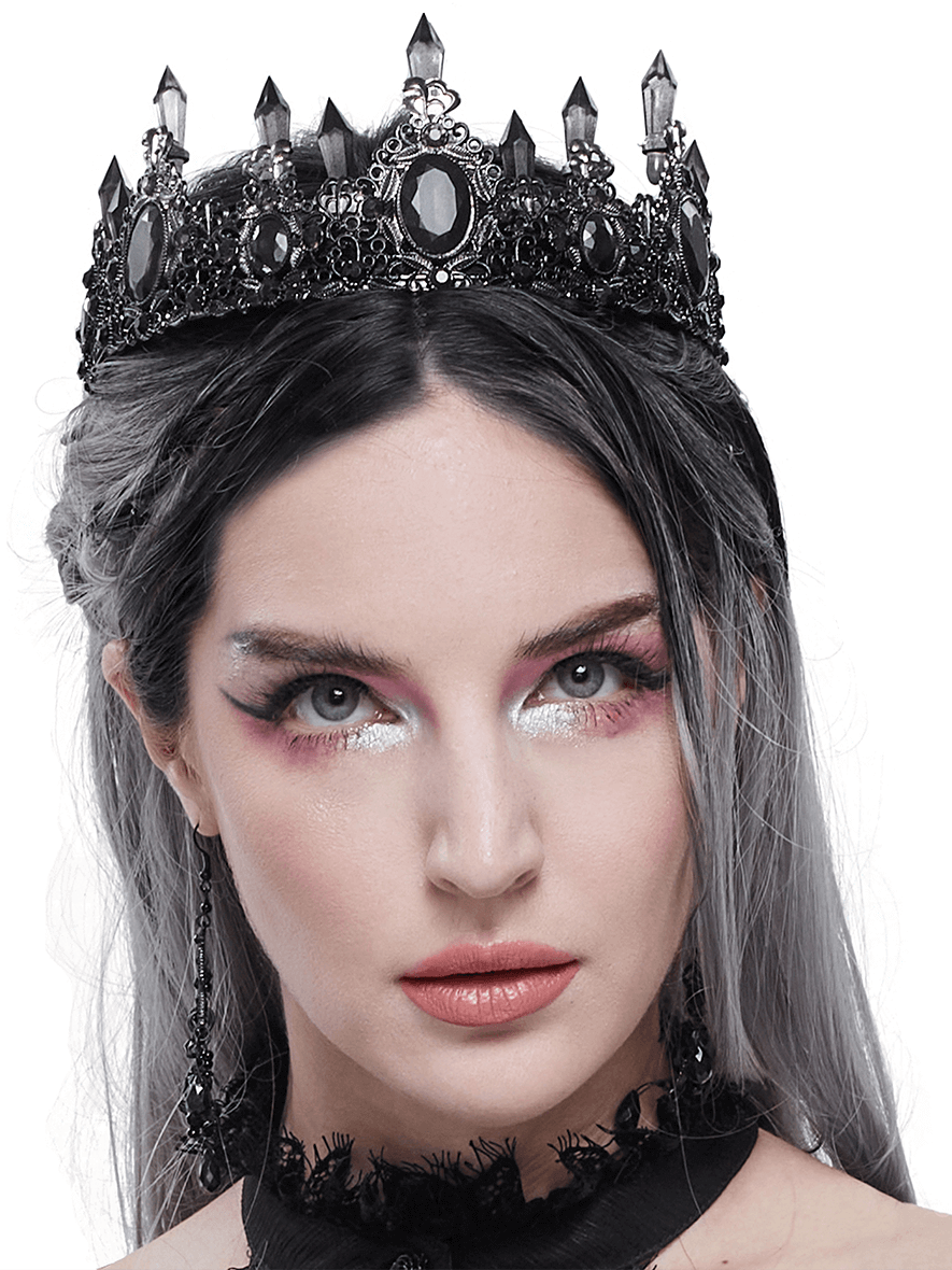 Elegant black crystal stone crown worn by a model, featuring a gothic retro design, perfect for women's fashion.