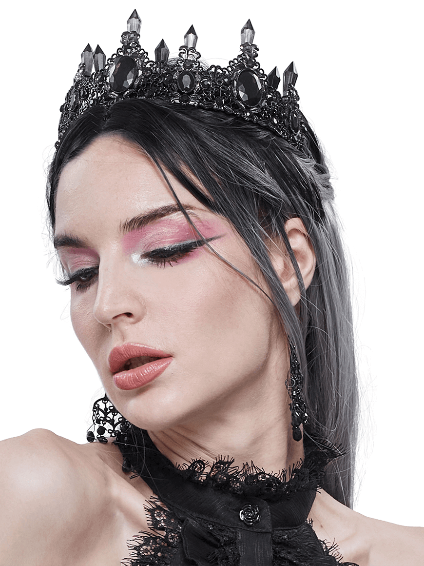 Elegant Gothic black crystal tiara worn by a woman, showcasing retro design and unique style, perfect for enchanting outfits.
