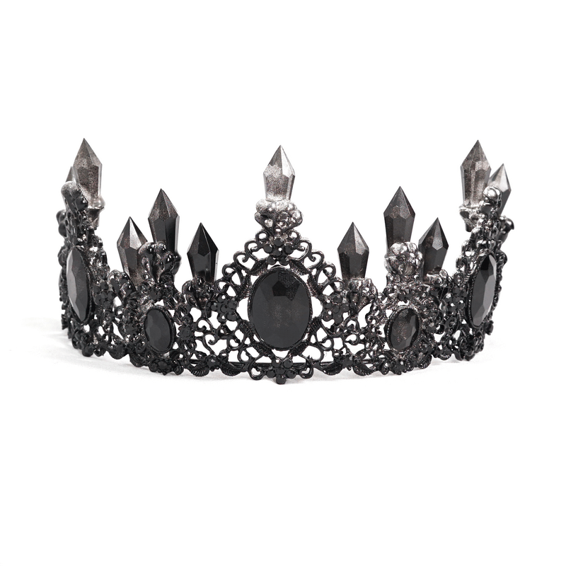 Gothic black crystal stone tiara with intricate design, elegant ladies' crown for retro style outfits.