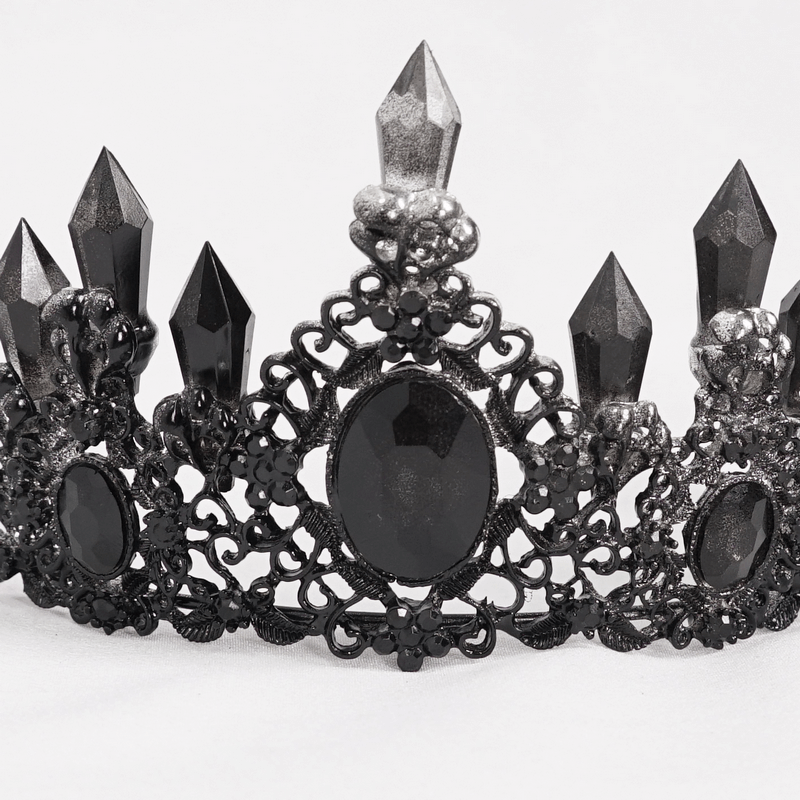 Elegant gothic black crystal tiara with retro design and striking pointed stones, perfect for enchanting outfits.