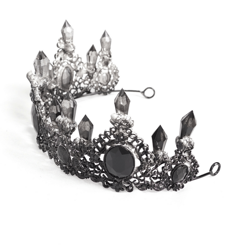 Elegant Gothic black crystal stone tiara with intricate detailing for women, perfect retro accessory for enchanting outfits.