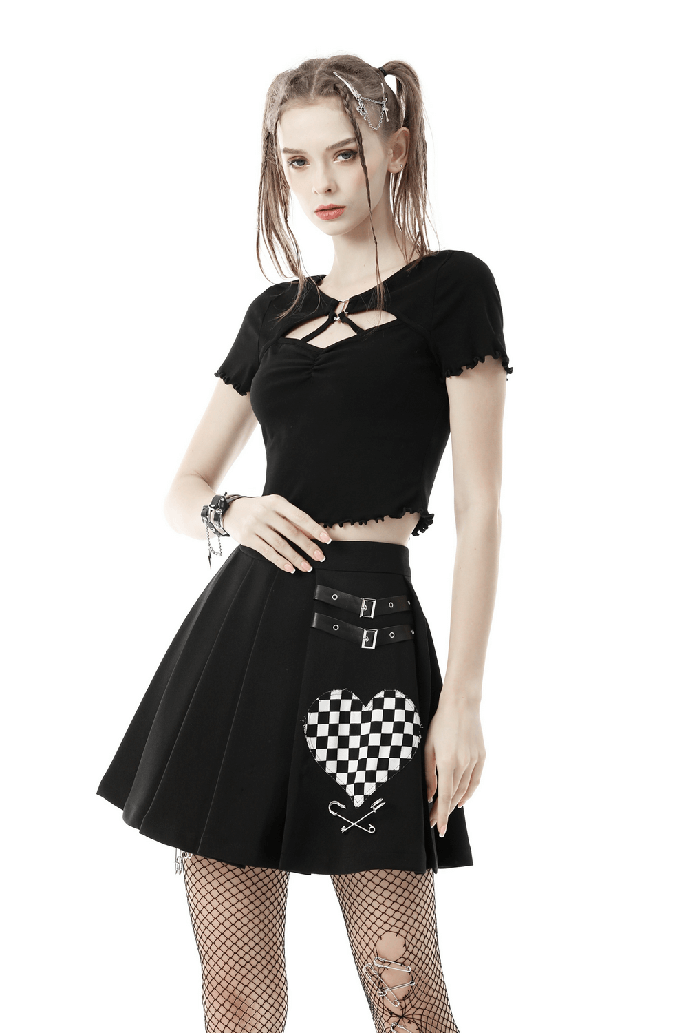 Gothic Black Cut-Out Crop Top with Metal Detail