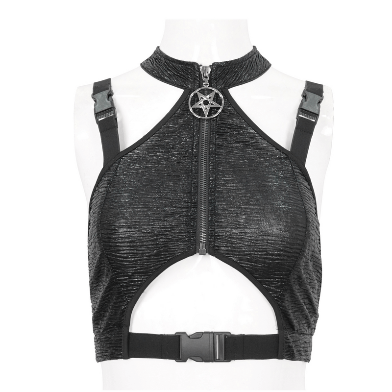Gothic black crop top featuring cutouts, buckle, and zipper detail for a sexy, edgy look.