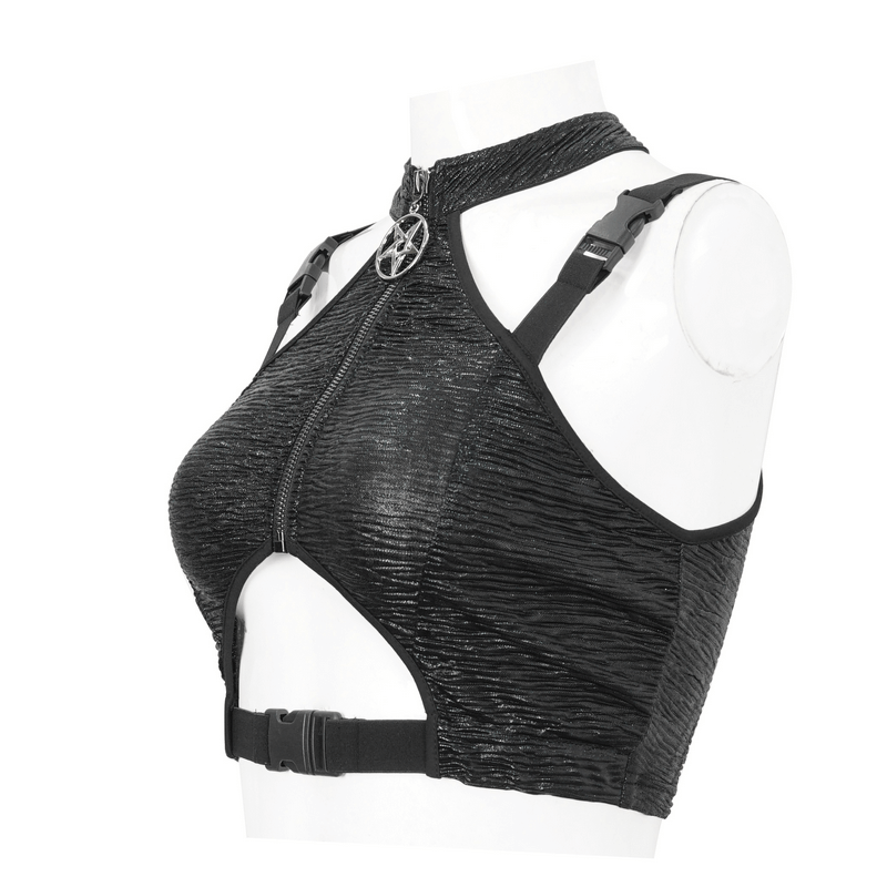 Gothic black cutout crop top for women with zip and buckle detail, perfect for edgy alternative fashion.