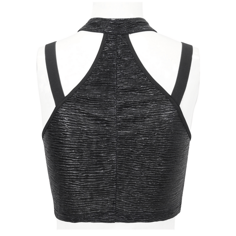 Gothic Black Cutout Crop Top with Buckle / Sexy Women's Zipper Short Tops - HARD'N'HEAVY