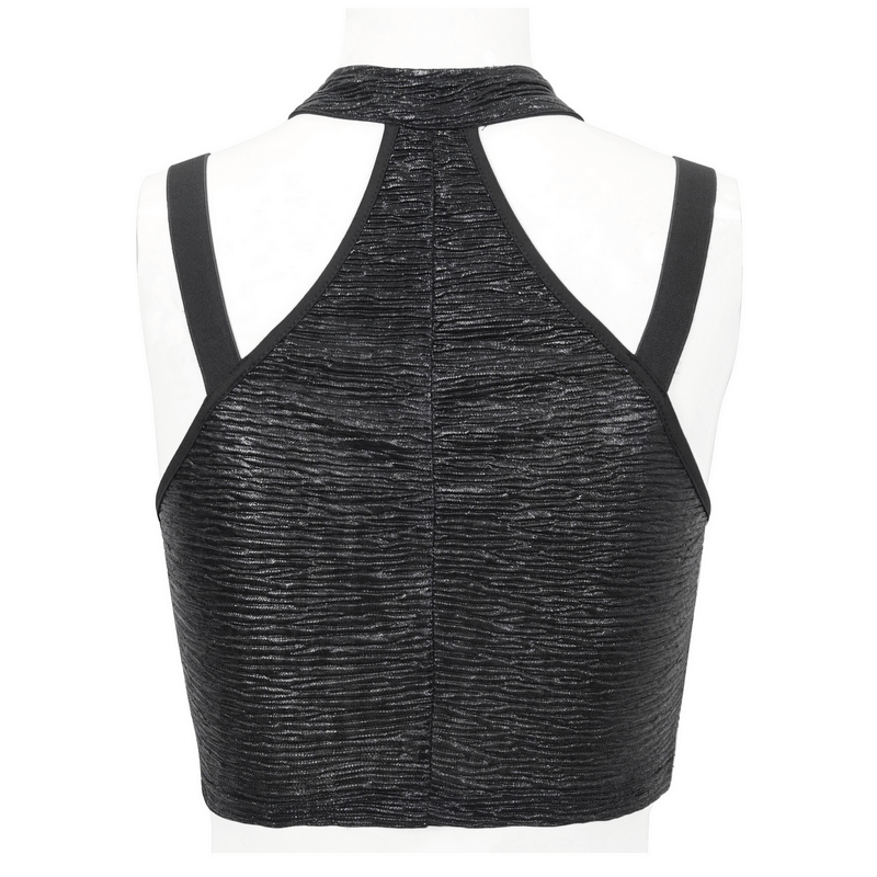 Back view of gothic black cutout crop top with buckle for women, showcasing sexy zipper detail and bold style.