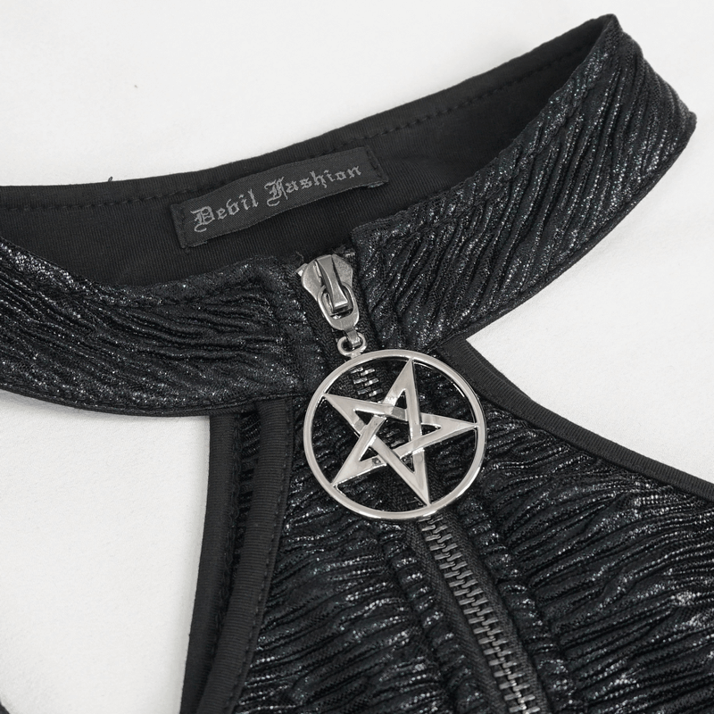 Close-up of gothic black zippered crop top with pentagram detail, perfect for alternative fashion enthusiasts.