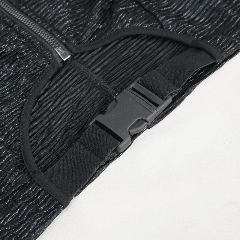 Close-up of the gothic black cutout crop top showing zipper and buckle details, perfect for a stylish alternative look.