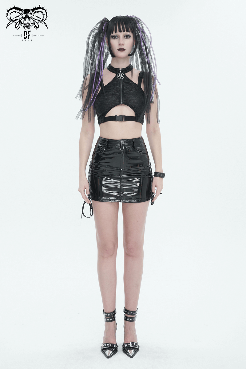 Gothic black cutout crop top with buckle, paired with a shiny black mini skirt and edgy accessories.