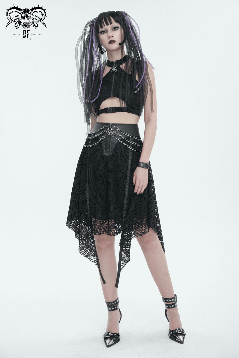 Gothic black cutout crop top with buckle, paired with a flowing skirt, showcasing edgy alternative fashion.