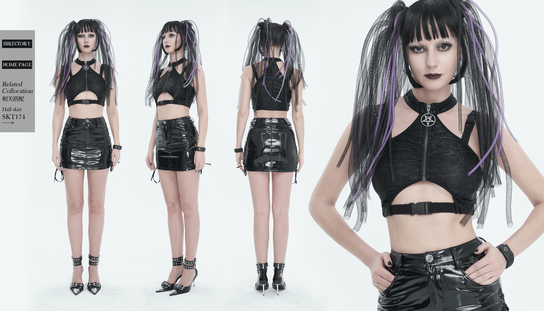 Gothic black cutout crop top with buckle, featuring stylish zipper and model showcasing alternative fashion.