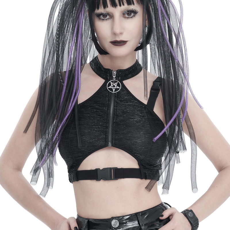 Gothic Black Cutout Crop Top with Buckle / Sexy Women's Zipper Short Tops - HARD'N'HEAVY